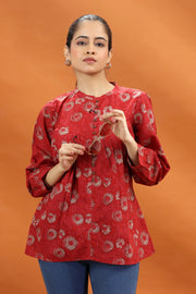 Red Cotton Printed Flared Short Kurta and kurtis for women and girls