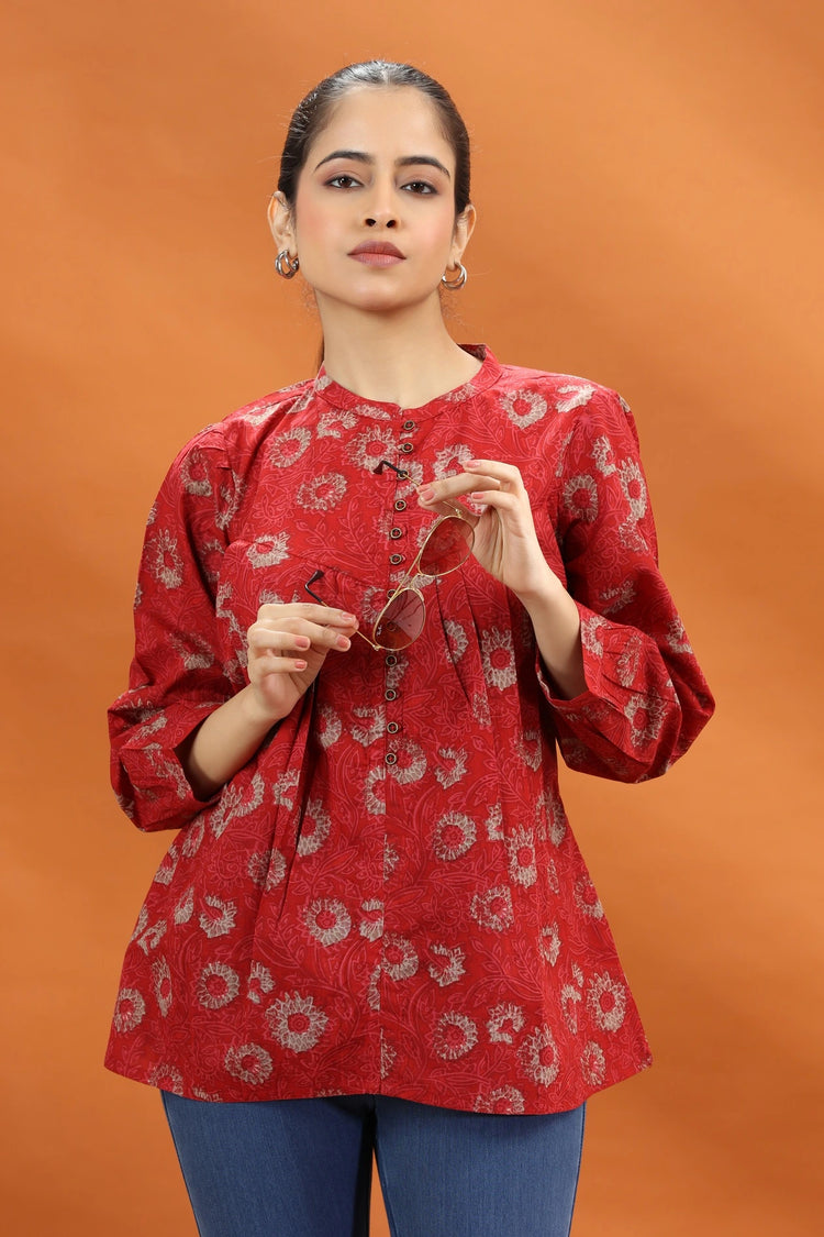 Red Cotton Printed Flared Short Kurta and kurtis for women and girls