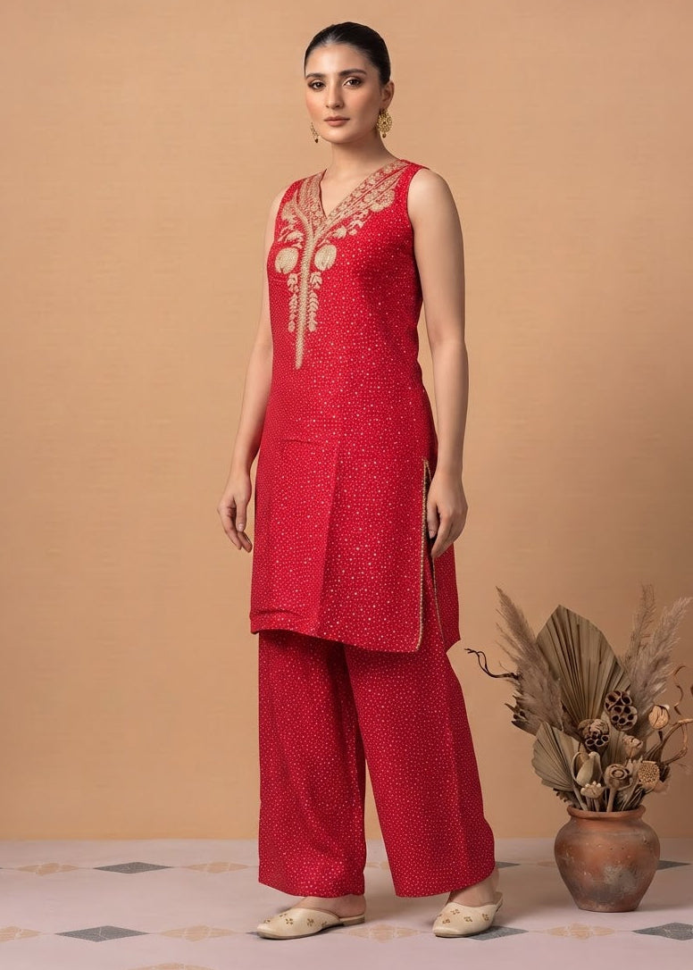 Red Viscose Embroidered Straight Kurta Palazzo Co Ord Set