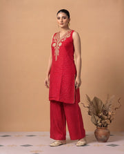 Red Viscose Embroidered Straight Kurta Palazzo Co Ord Set