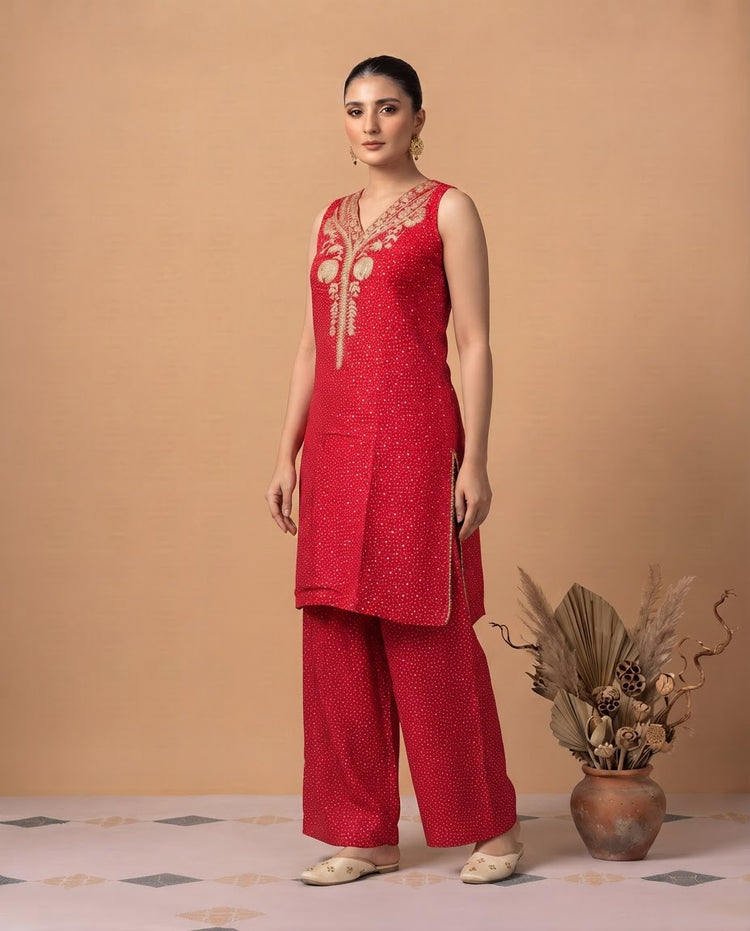 Red Viscose Embroidered Straight Kurta Palazzo Co Ord Set