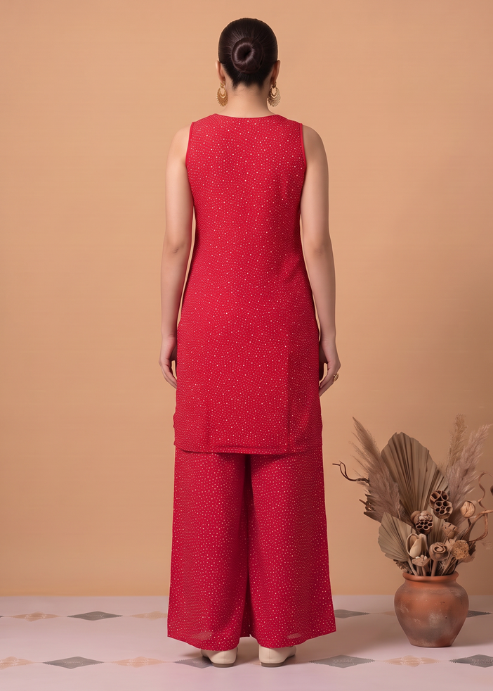 Red Viscose Embroidered Straight Kurta Palazzo Co Ord Set