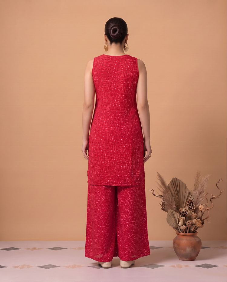 Red Viscose Embroidered Straight Kurta Palazzo Co Ord Set