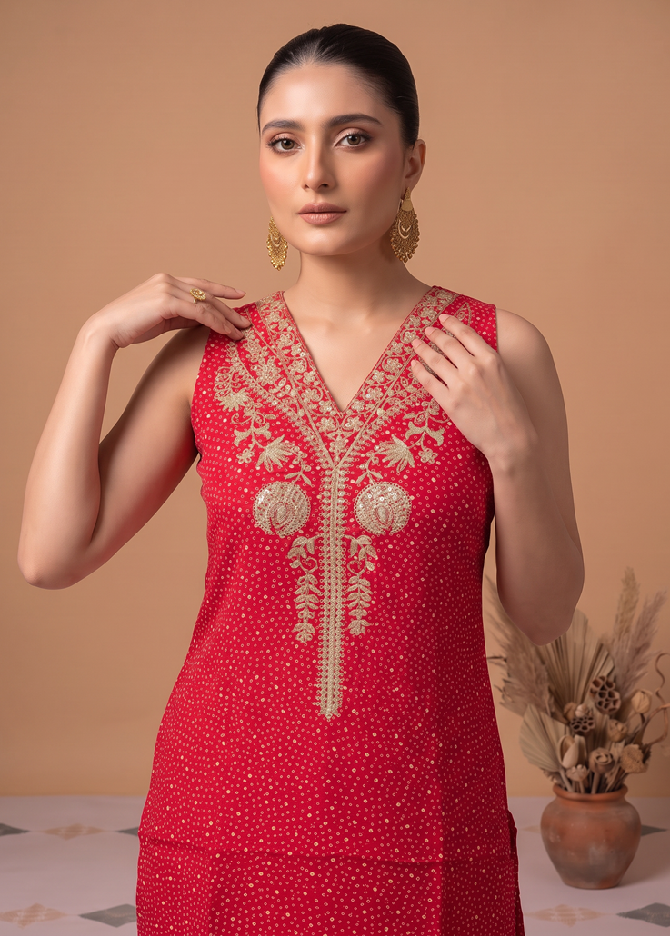 Red Viscose Embroidered Straight Kurta Palazzo Co Ord Set