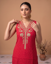Red Viscose Embroidered Straight Kurta Palazzo Co Ord Set