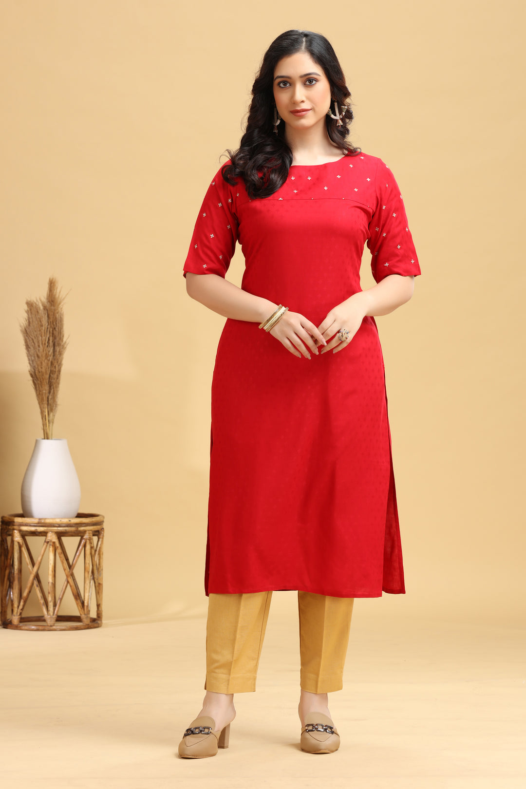 Red Embroidered Straight Kurta