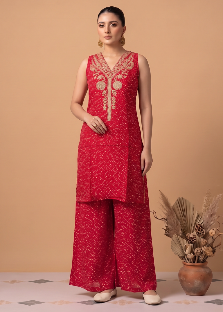 Red Viscose Embroidered Straight Kurta Palazzo Co Ord Set