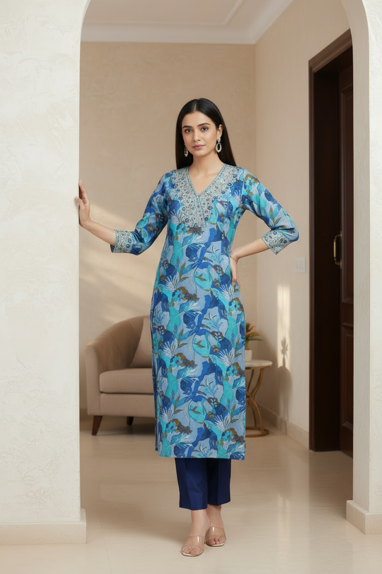 Blue Muslin Viscose Embroidered Straight Kurta Pant and Dupatta Suit Set