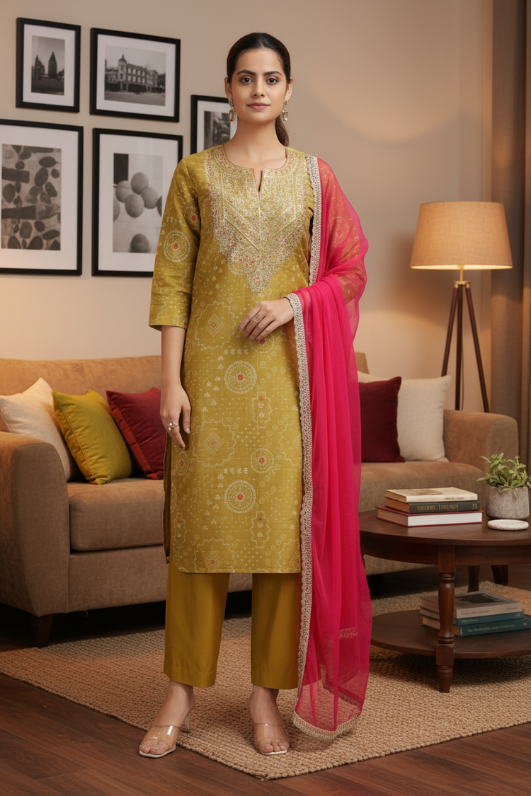 Yellow Roman Silk Embroidered Straight Kurta Pant and Dupatta Suit Set