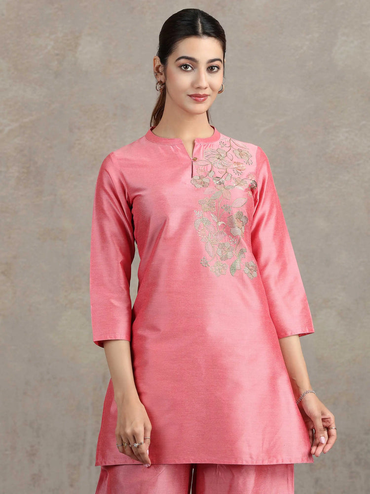 Rose Pink Floral Embroidered Straight Co-ord Set
