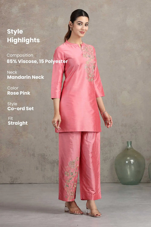 Rose Pink Floral Embroidered Straight Co-ord Set