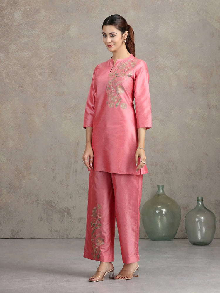 Rose Pink Floral Embroidered Straight Co-ord Set