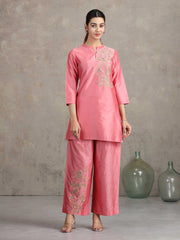 Rose Pink Floral Embroidered Straight Co-ord Set