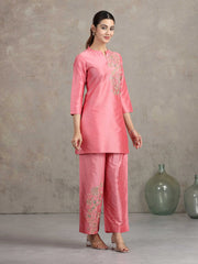 Rose Pink Floral Embroidered Straight Co-ord Set
