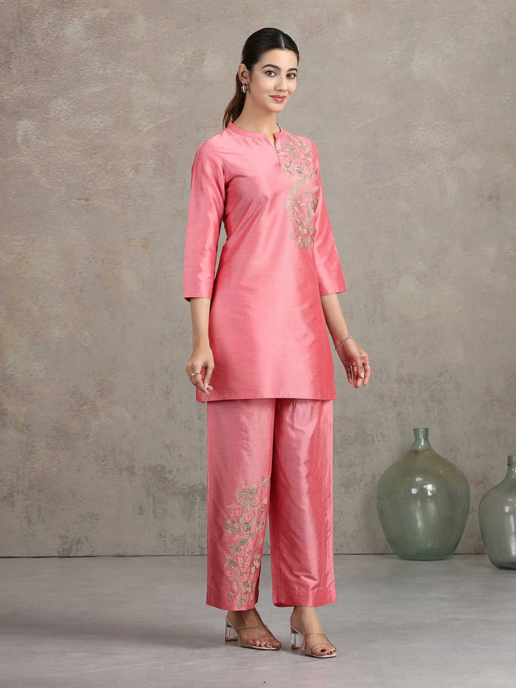 Rose Pink Floral Embroidered Straight Co-ord Set