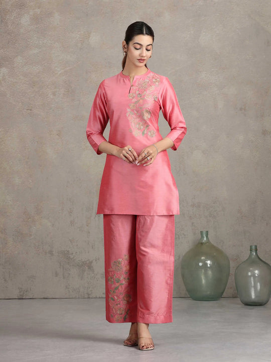 Rose Pink Floral Embroidered Straight Co-ord Set