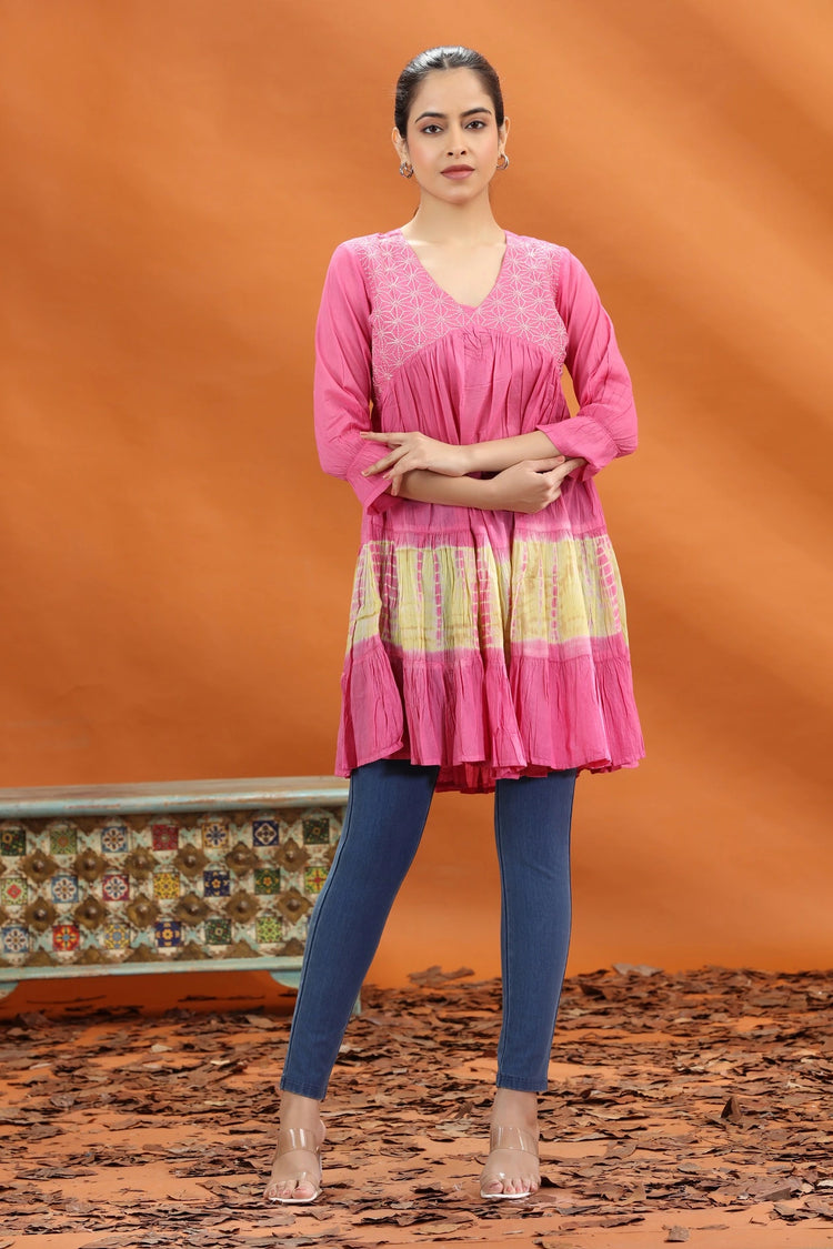 Rose Pink Cotton Embroidered Short Kurti for women and girls