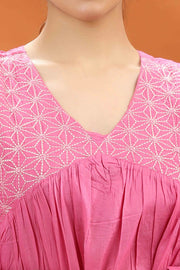 Rose Pink Cotton Embroidered Short Kurti for women and girls