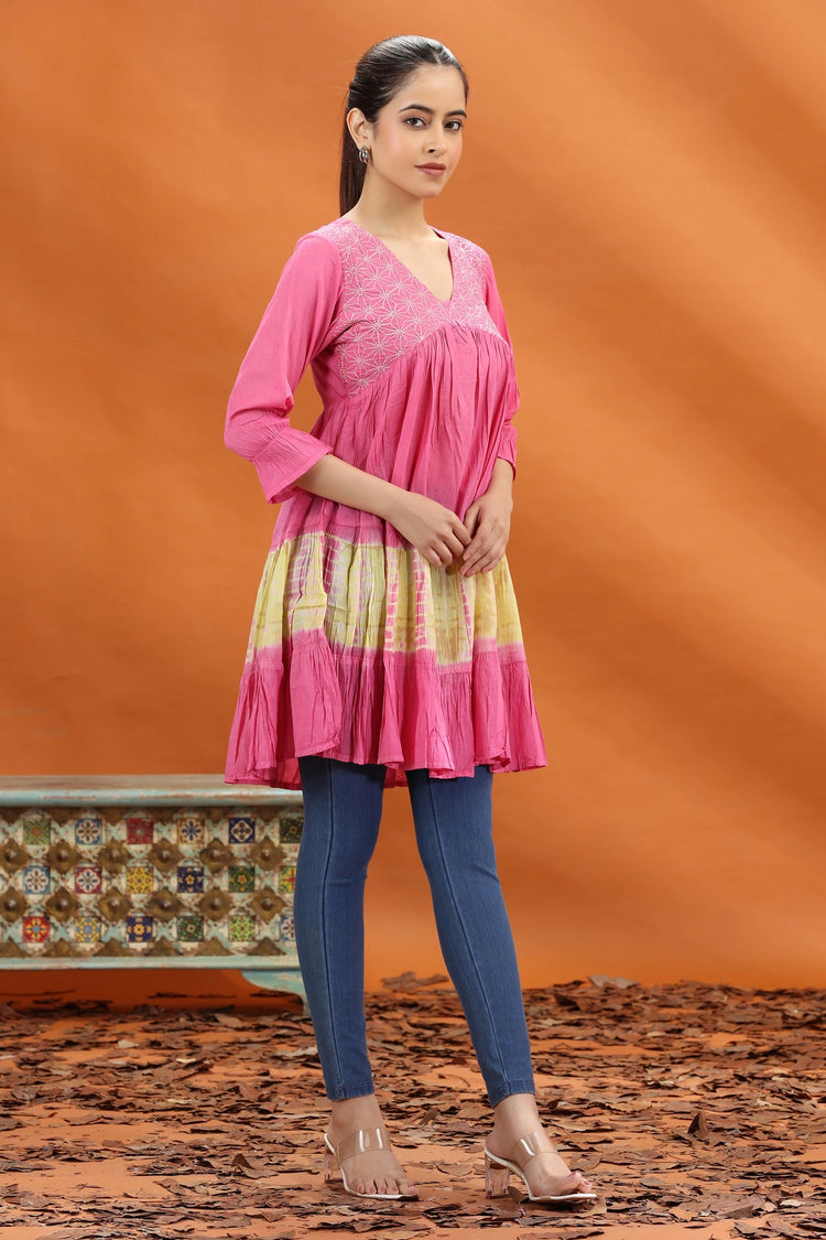 Rose Pink Cotton Embroidered Short Kurti for women and girls