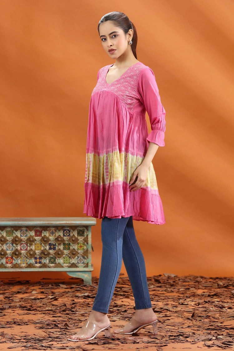 Rose Pink Cotton Embroidered Short Kurti for women and girls