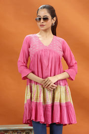 Rose Pink Cotton Embroidered Short Kurti for women and girls