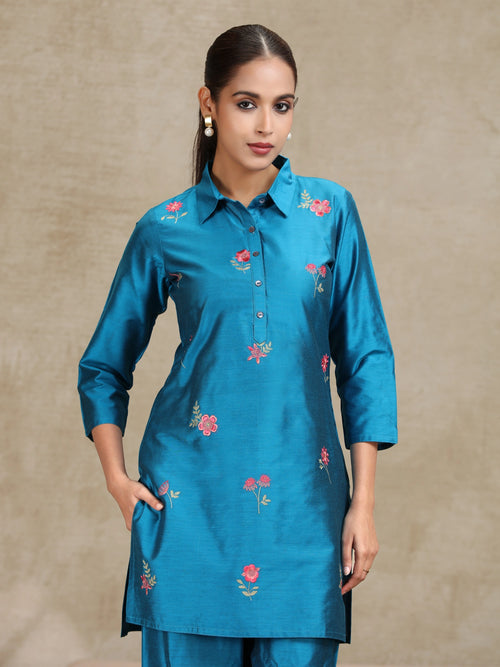 Royal Blue Embroidered Straight Co-ord Set