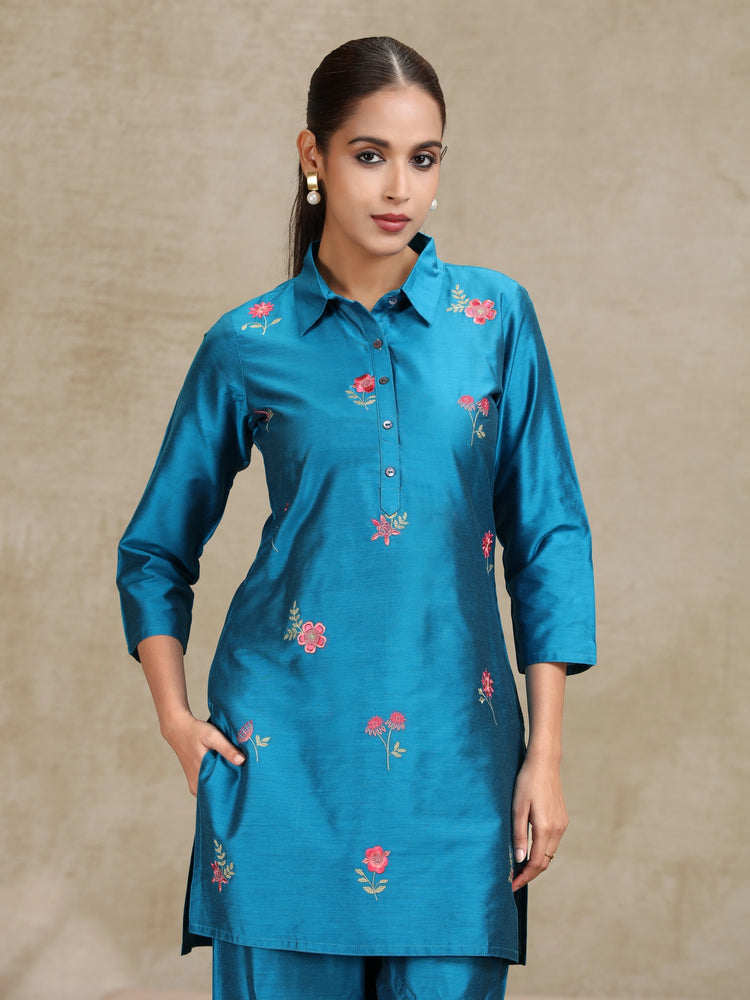 Royal Blue Embroidered Straight Co-ord Set