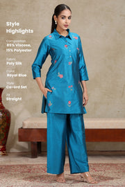 Royal Blue Embroidered Straight Co-ord Set
