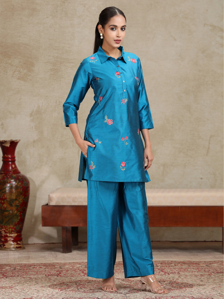 Royal Blue Embroidered Straight Co-ord Set
