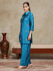 Royal Blue Embroidered Straight Co-ord Set