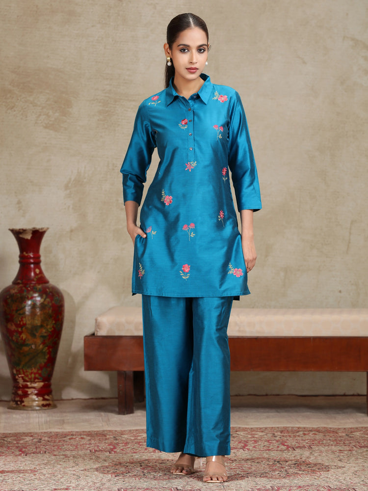 Royal Blue Embroidered Straight Co-ord Set