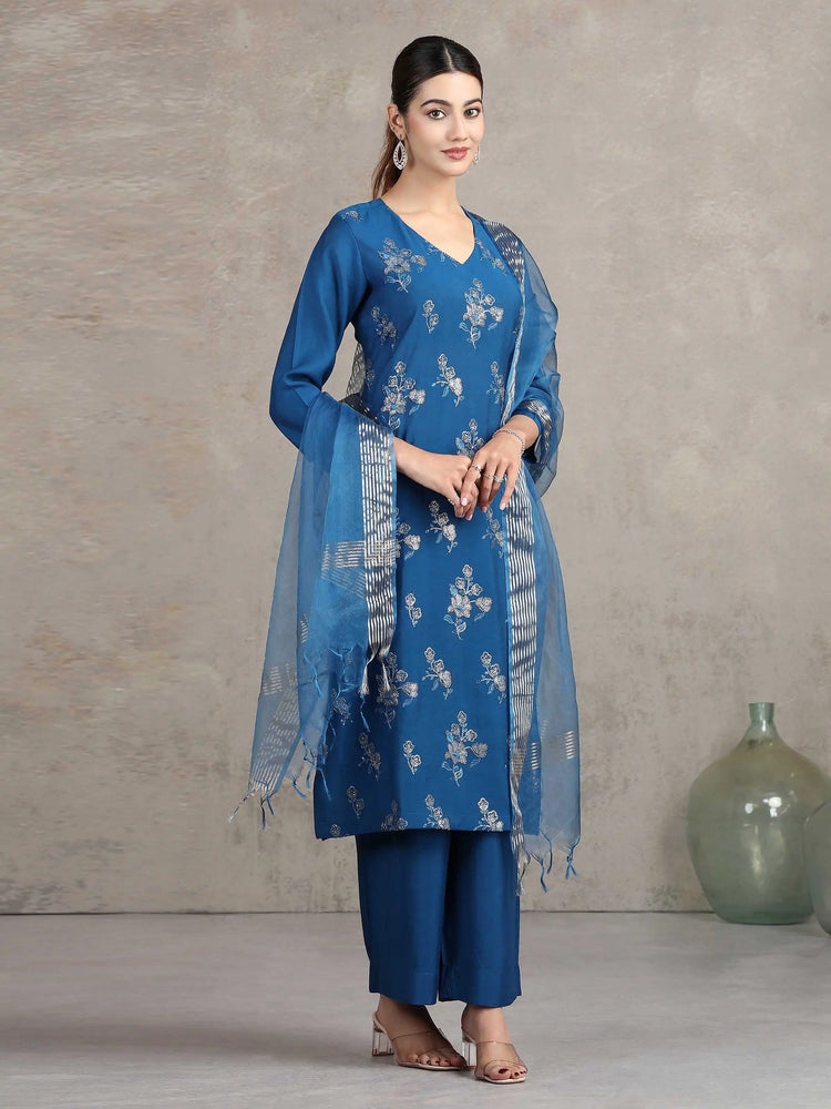 Royal Blue Embroidered Straight Ethnic Set