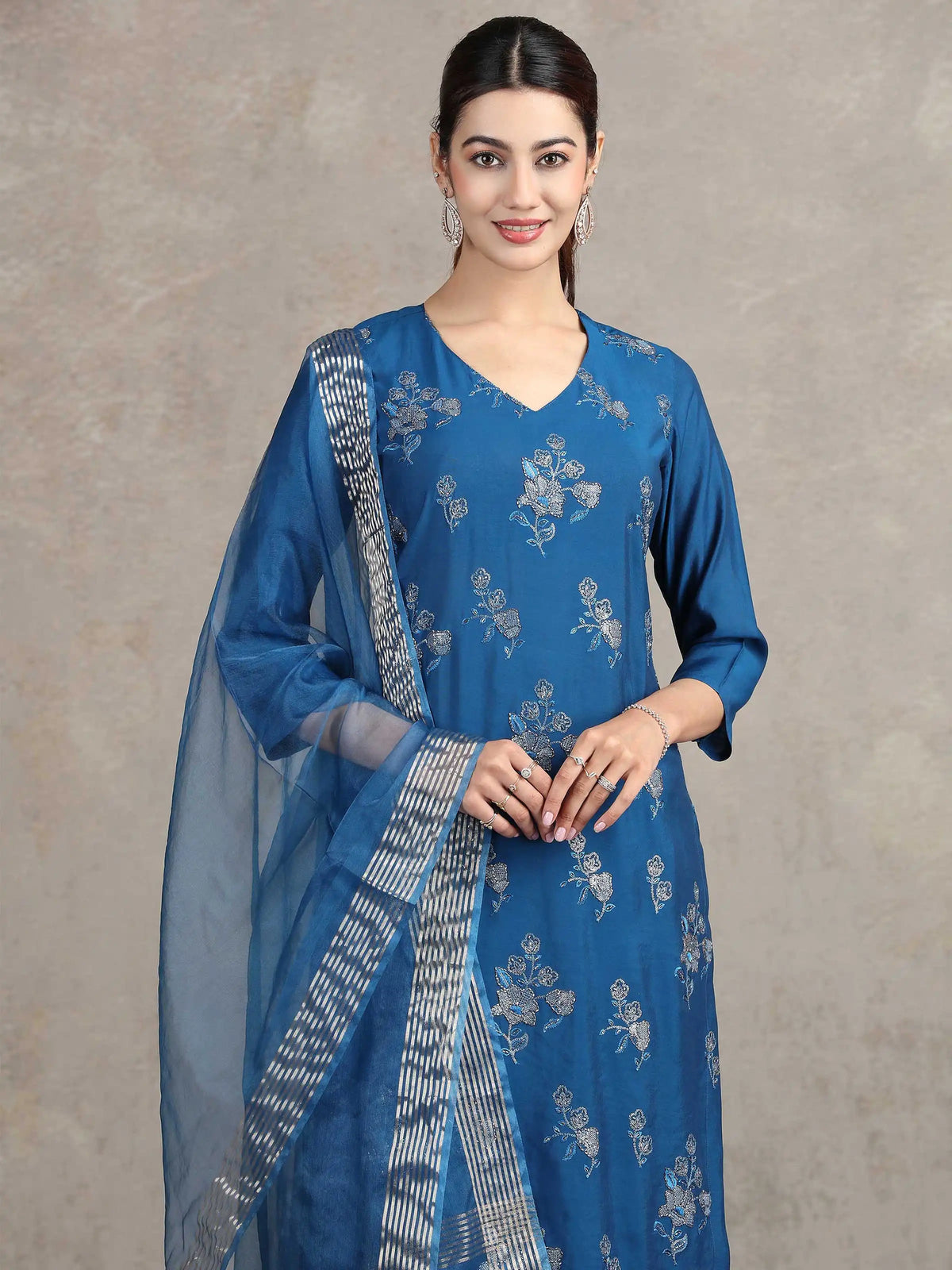 Royal Blue Embroidered Straight Ethnic Set