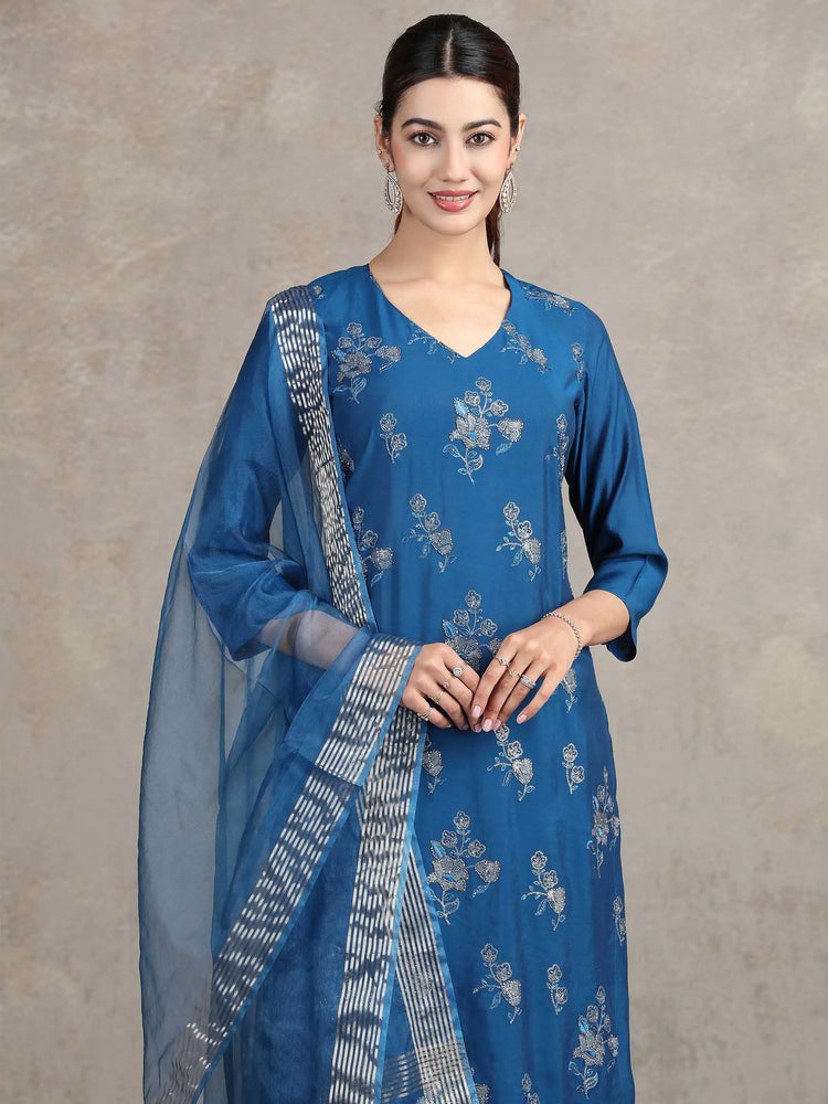 Royal Blue Embroidered Straight Ethnic Set