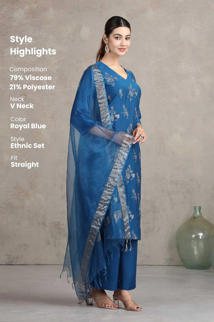 Royal Blue Embroidered Straight Ethnic Set