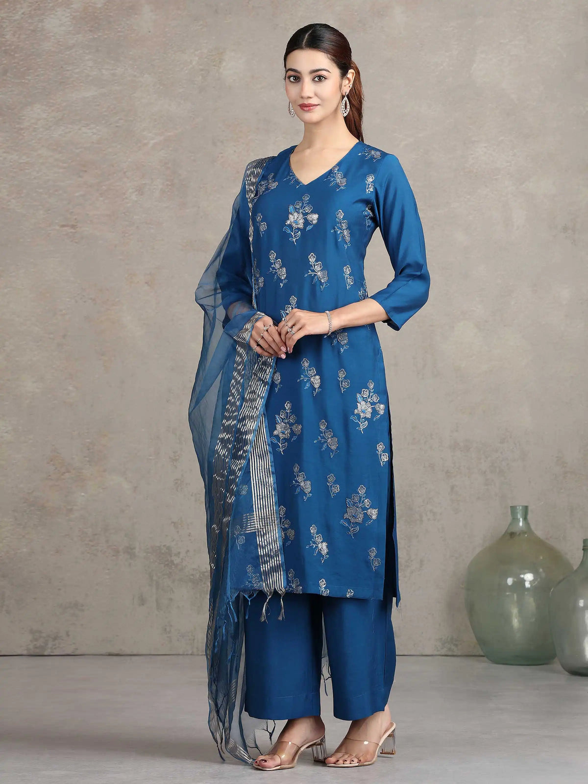 Royal Blue Embroidered Straight Ethnic Set