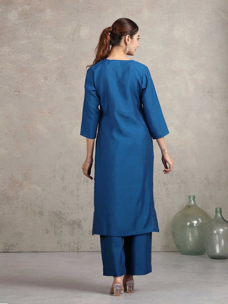 Royal Blue Embroidered Straight Ethnic Set