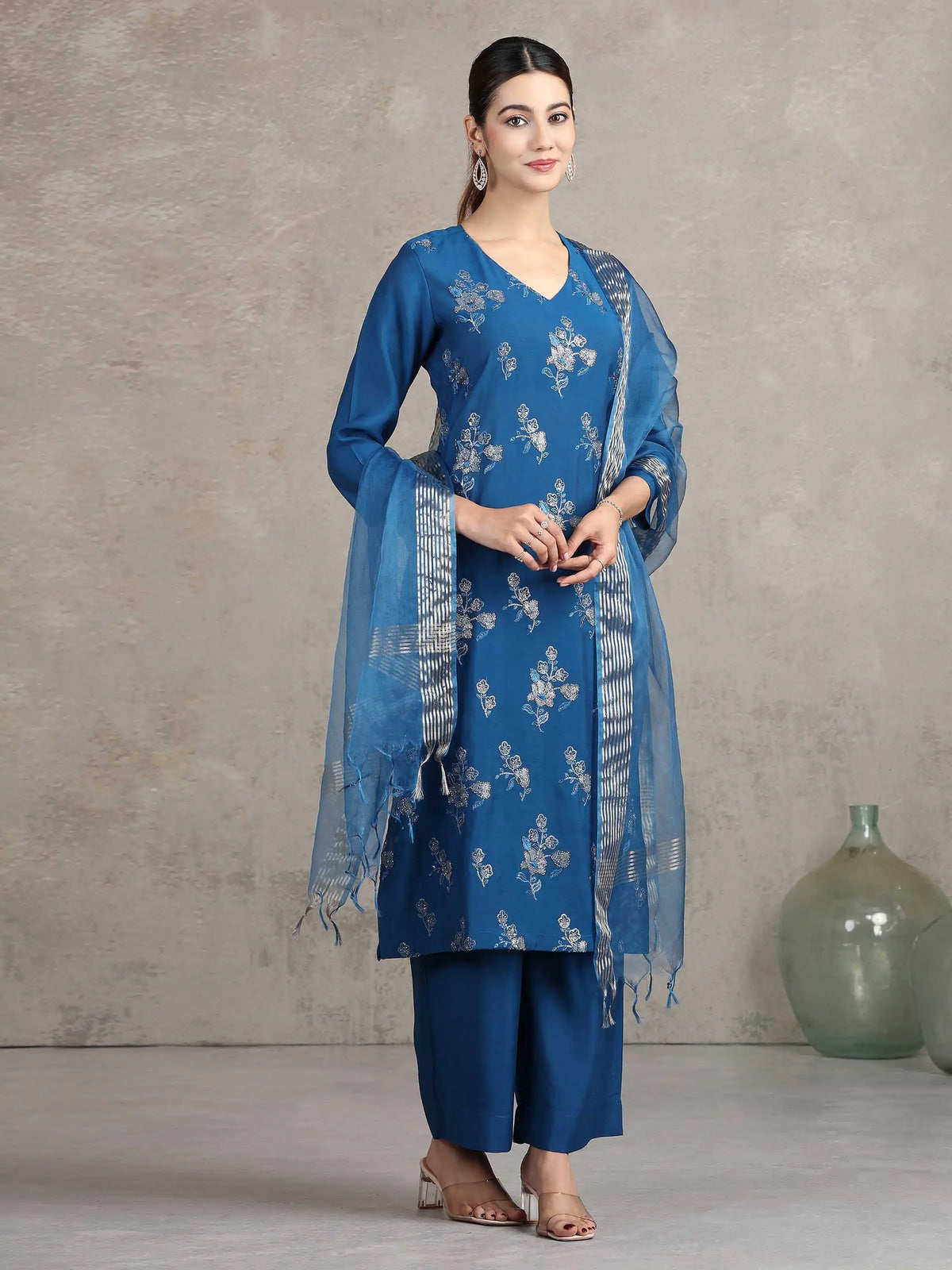 Royal Blue Embroidered Straight Ethnic Set