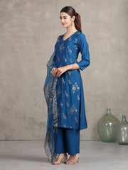 Royal Blue Embroidered Straight Ethnic Set