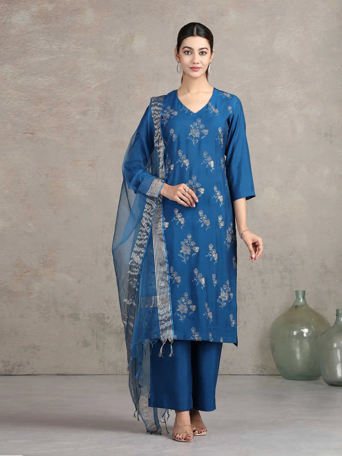 Royal Blue Embroidered Straight Ethnic Set