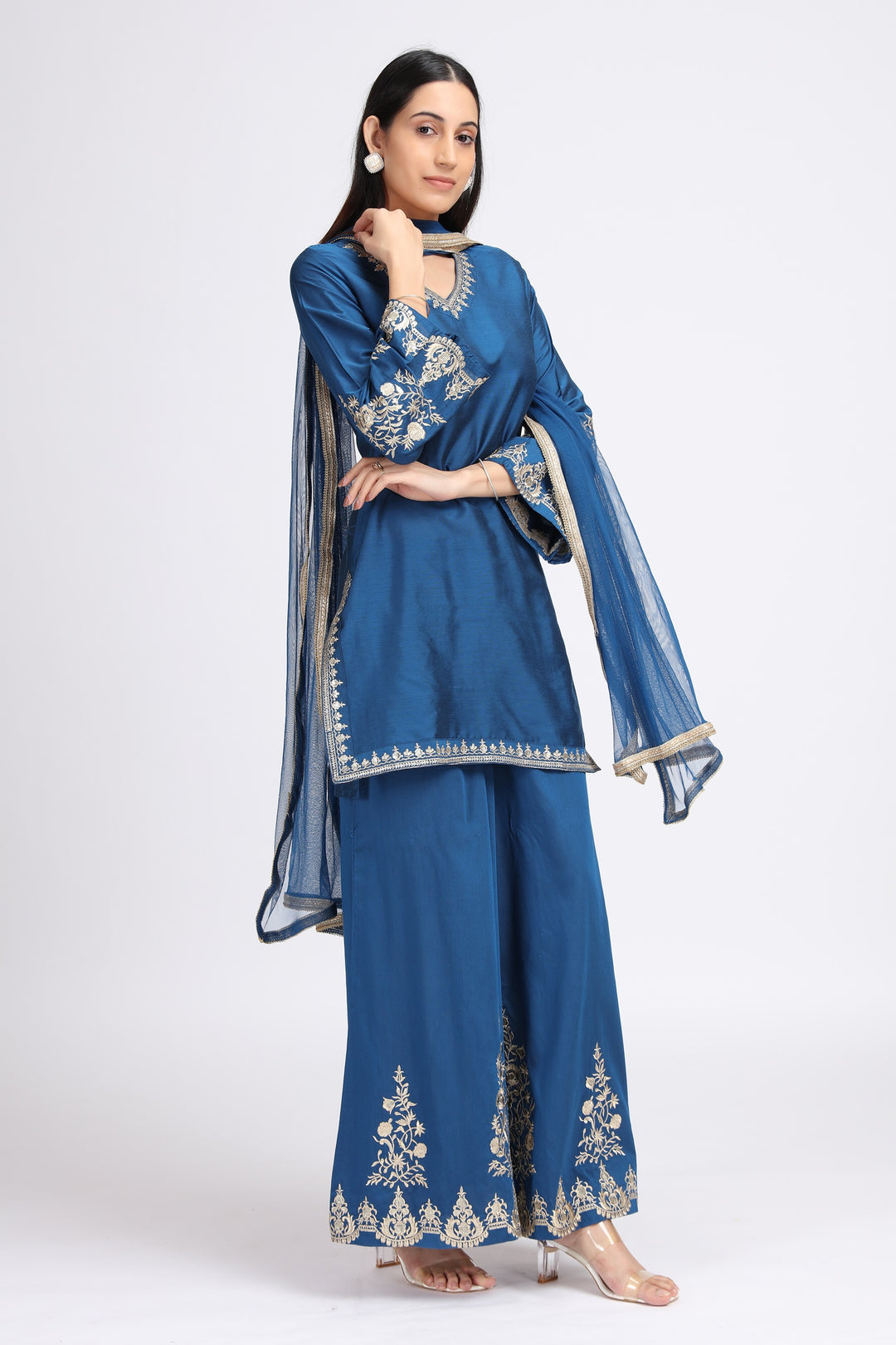 Royal Blue PolySilk Embroidered Straight Kurta Pant and Dupatta Suit Set for women