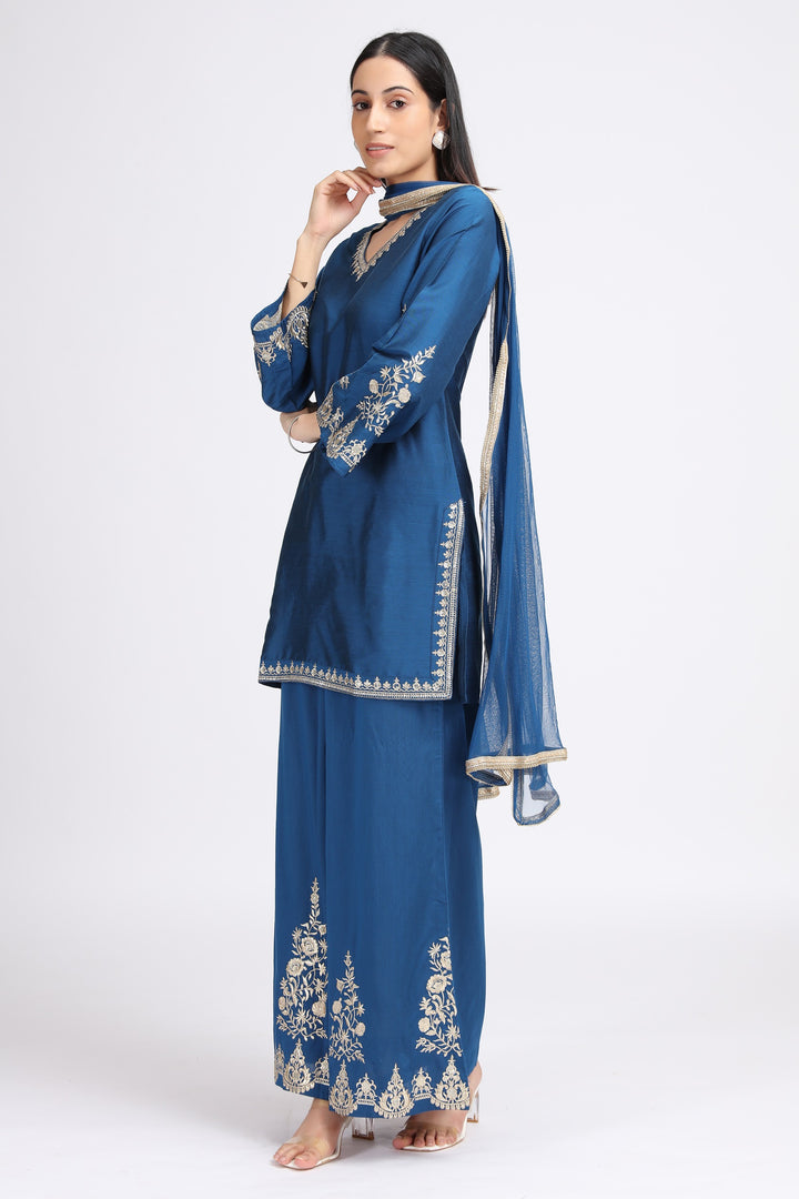 Royal Blue PolySilk Embroidered Straight Kurta Pant and Dupatta Suit Set for women