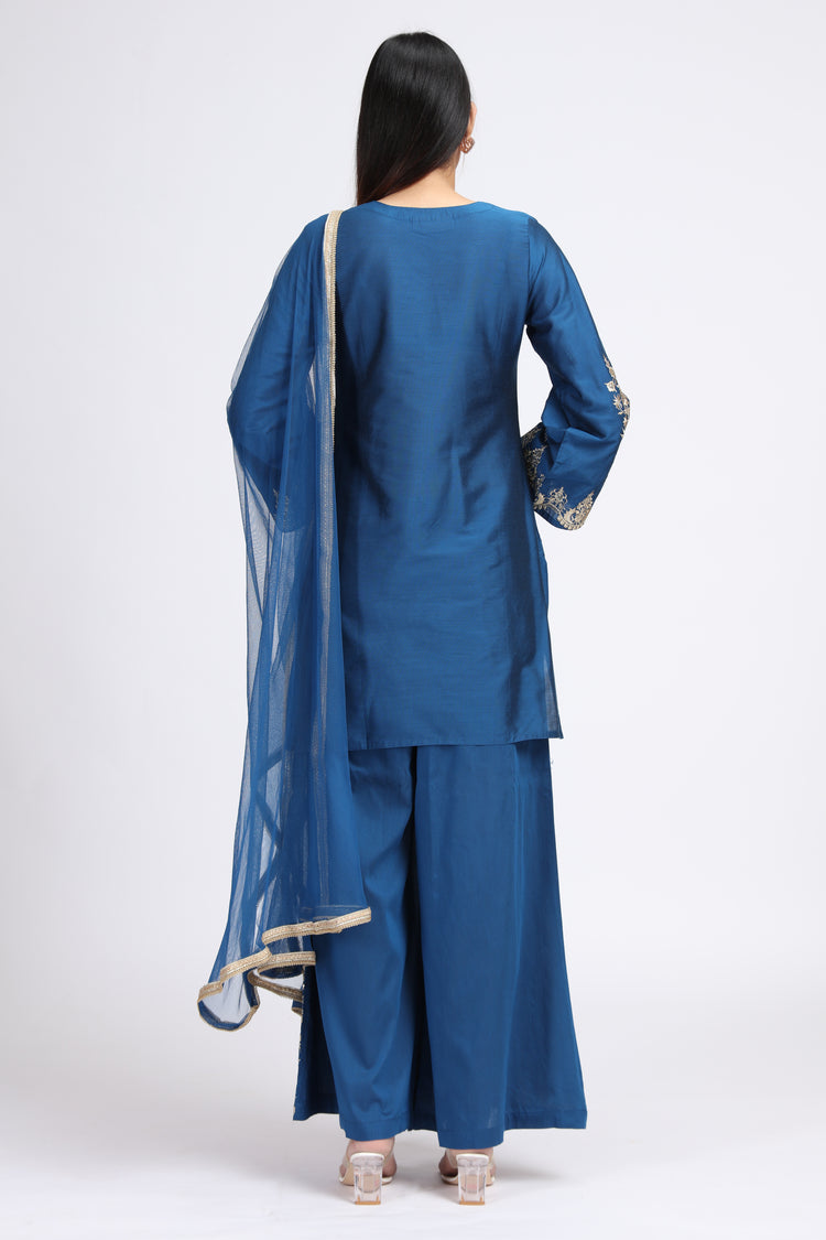 Royal Blue PolySilk Embroidered Straight Kurta Pant and Dupatta Suit Set for women