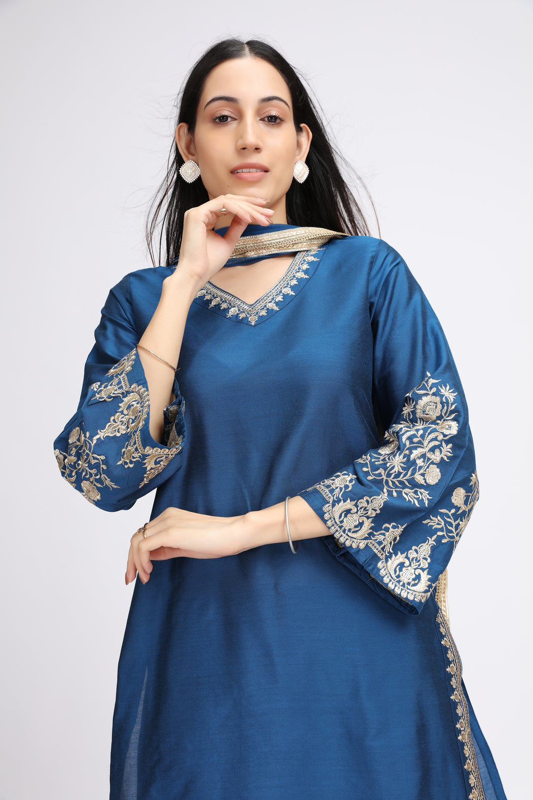 Royal Blue PolySilk Embroidered Straight Kurta Pant and Dupatta Suit Set for women