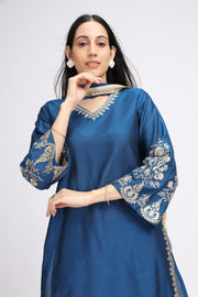 Royal Blue PolySilk Embroidered Straight Kurta Pant and Dupatta Suit Set for women