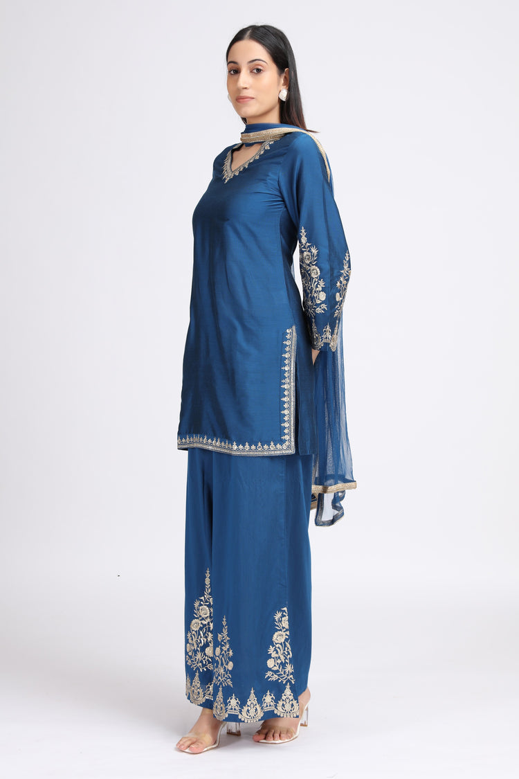 Royal Blue PolySilk Embroidered Straight Kurta Pant and Dupatta Suit Set for women