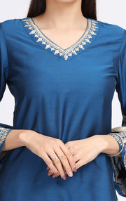 Royal Blue PolySilk Embroidered Straight Kurta Pant and Dupatta Suit Set for women