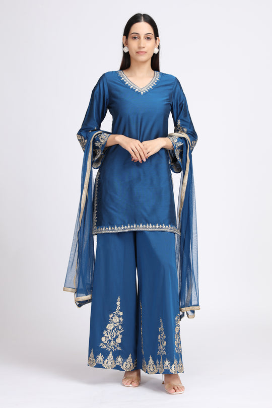 Royal Blue PolySilk Embroidered Straight Kurta Pant and Dupatta Suit Set for women