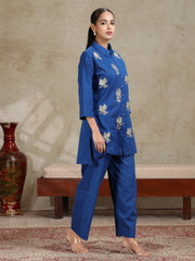 Royal Blue Floral Embroidered Straight Co-ord Set