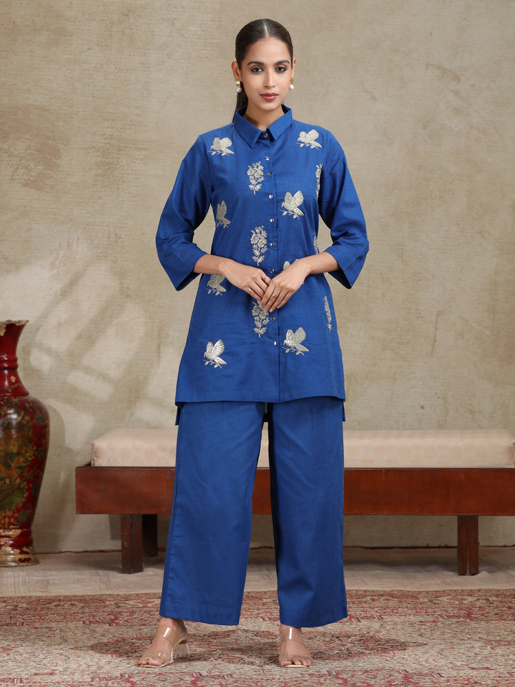 Royal Blue Floral Embroidered Straight Co-ord Set